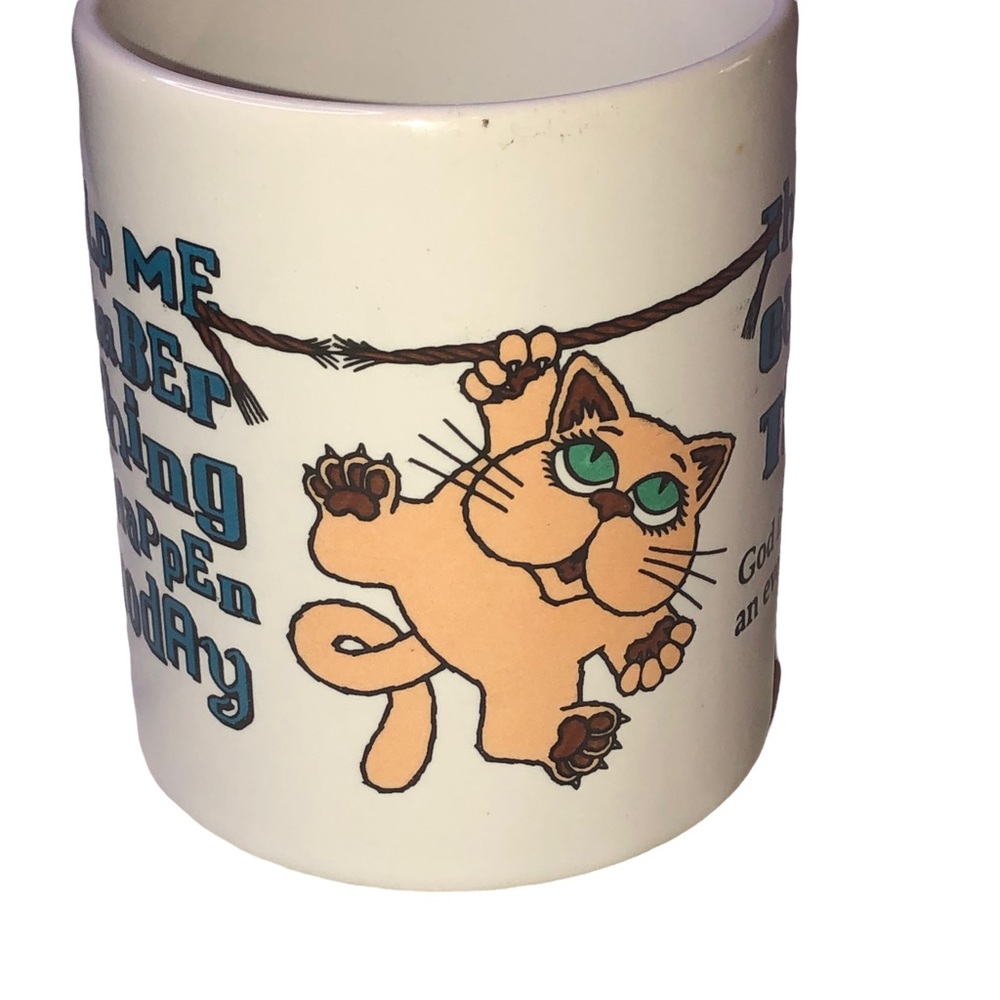 Cat Hanging from a Line Religious Coffee Mug Cup; “Lord Help Me..” Psalm 46:1